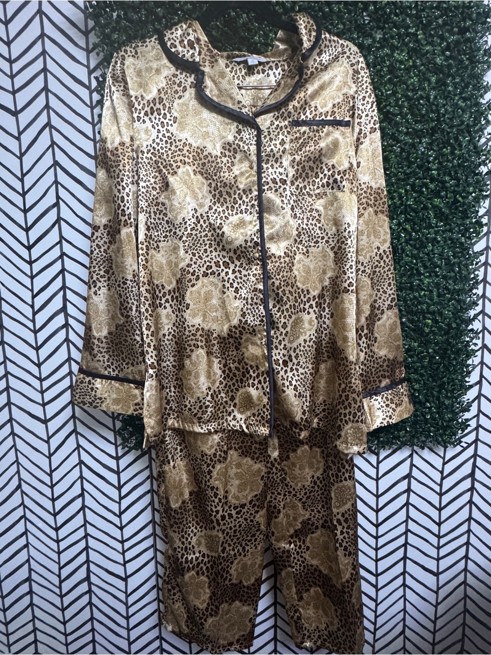 Satin Leopard Floral Pajama Set - Gold/Brown